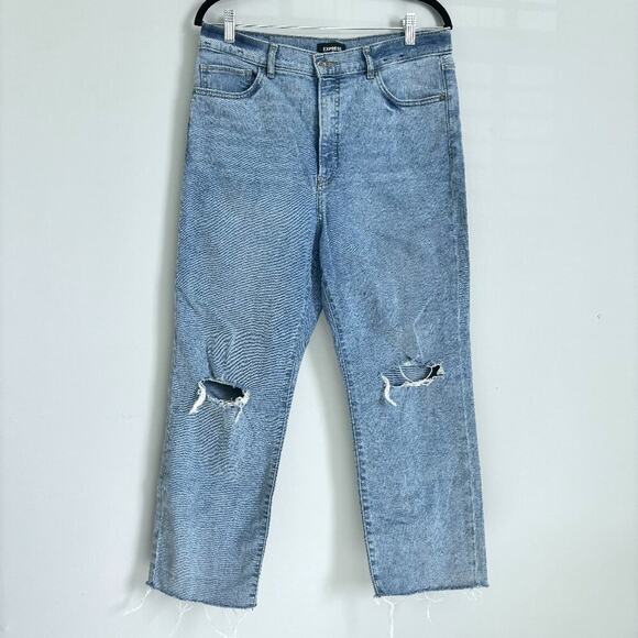 Express Super High Waisted Ripped Raw Hem Modern Straight Leg Jeans - Size 12 - Picture 1 of 8